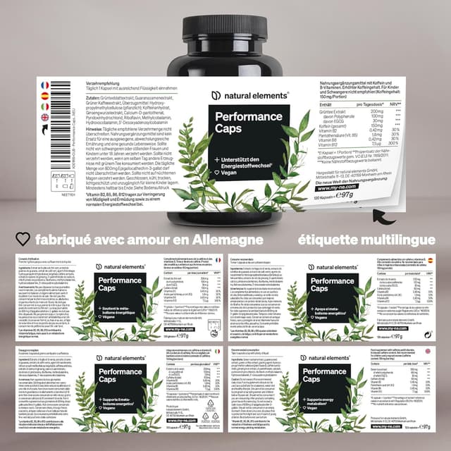 Detalle 2 de Performance Caps – 120 gélules de caféine végétale (thé vert, guarana, café vert) + vitamines B, véganes