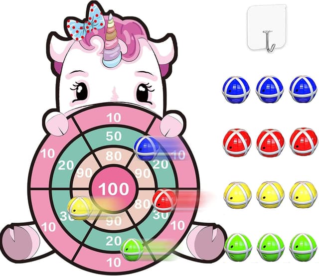 Detalle de Einhorn Dartscheibe Kinder – 63 cm Wurfspiel mit 12 Klebebällen, für Mädchen ab 3 Jahren