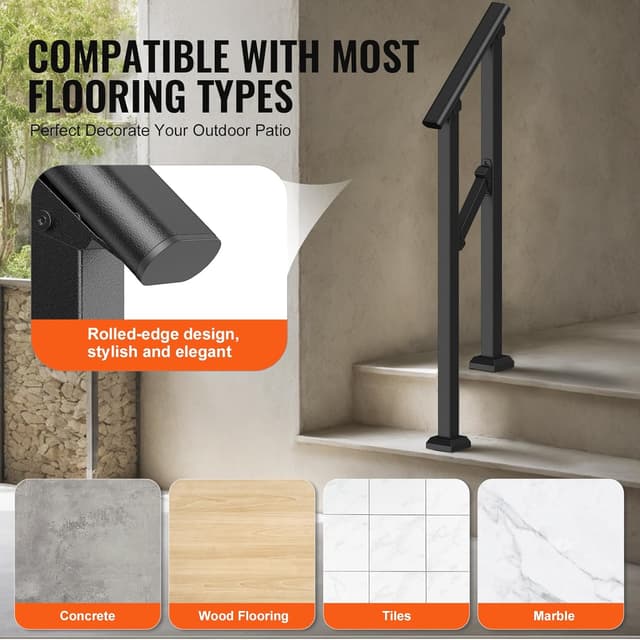 Thumbnail 4 de VEVOR Rampe d’escalier extérieure pour 1 à 2 marches avec main courante et kit d’installation (tube acier carbone, noir)