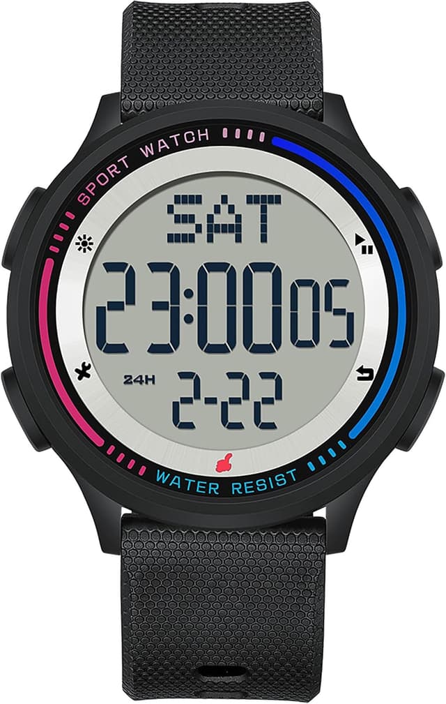 Detalle de findtime Digital-Damenuhr mit 5ATM, Dualzeit & Countdown – Rosa, mit Leuchtziffern