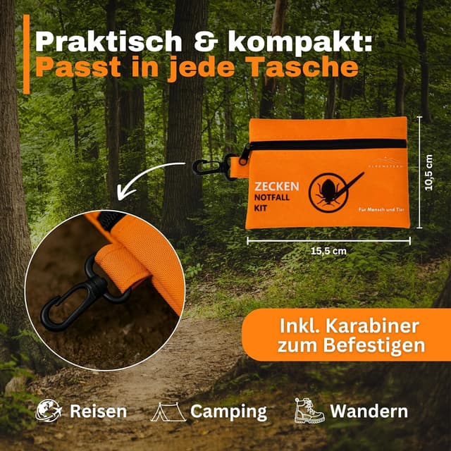 Detalle de Alpenstern® Zecken Entferner Kit: Zeckenpinzette, -hebel & Erste-Hilfe-Tasche für Mensch und Tier