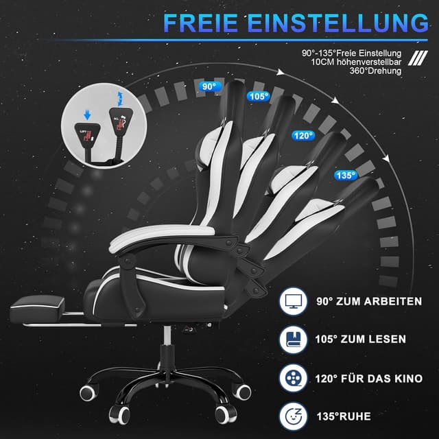 Thumbnail 5 de JUMMICO Sedia da gaming e ufficio ergonomica con supporto lombare massaggiante e schienale regolabile 90–150° (bianco)