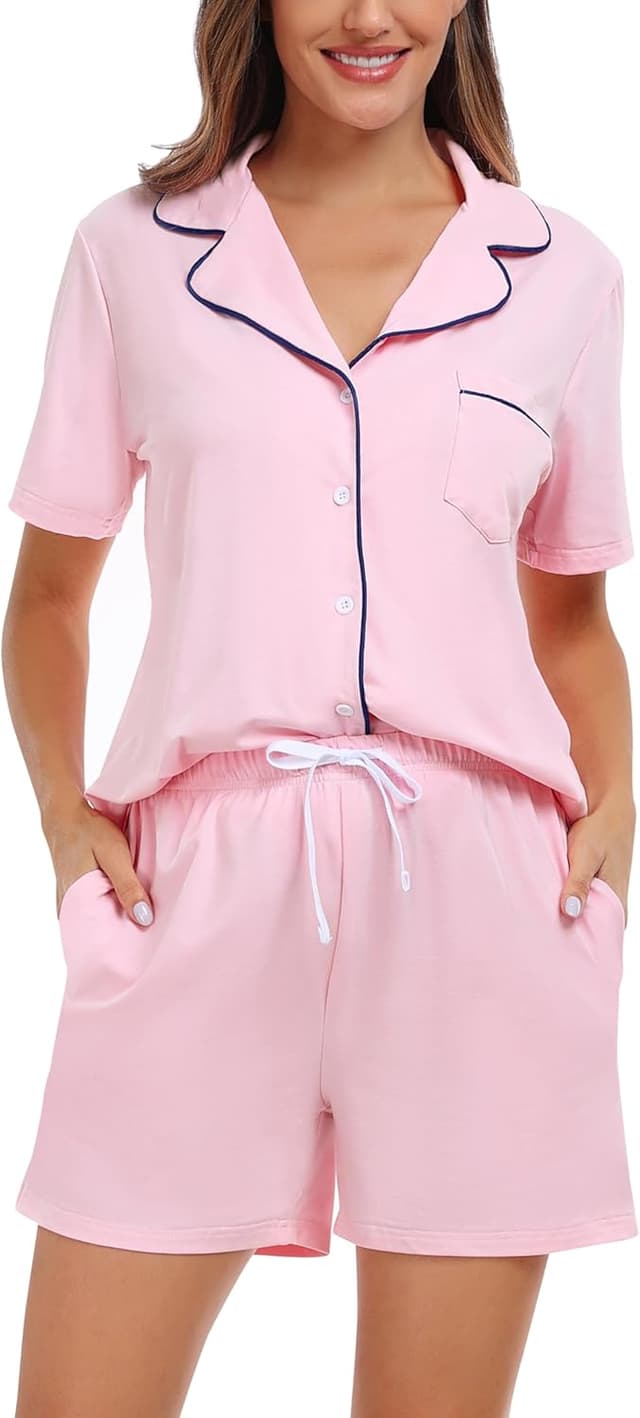 Thumbnail 6 de Ensemble pyjama femme en coton Lovasy : short + haut col V à manches courtes