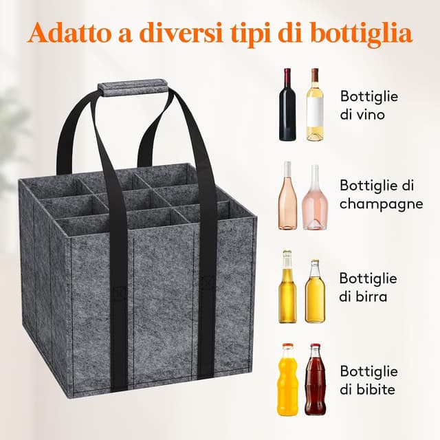 Detalle 2 de Lifewit Borsa portabottiglie con manici in feltro rinforzato, 9 scomparti per bottiglie fino a 1,5 L
