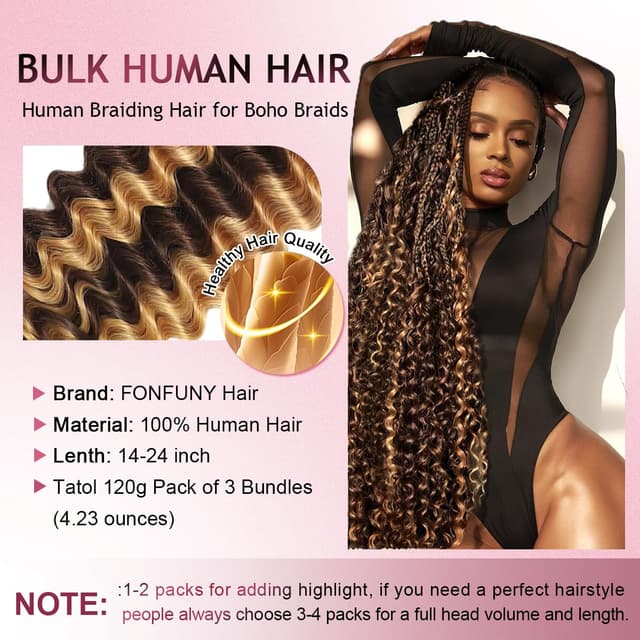 Detalle de FONFUNY Human Braiding Hair 20 Inch, 120g