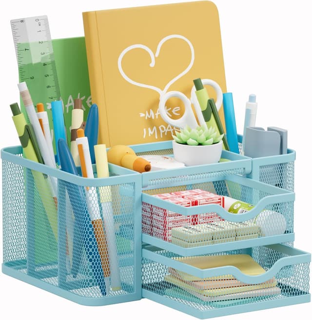 Detalle de Marbrasse Organizer Scrivania in rete con portapenne e 3 scomparti (blu)
