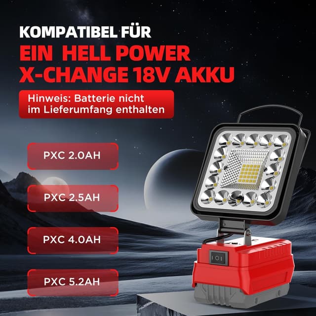 Detalle de Akku Lampe für Einhell PXC 18V Akku – 48W LED Arbeitsleuchte mit 4.800 lm und 2 USB (ohne Akku)