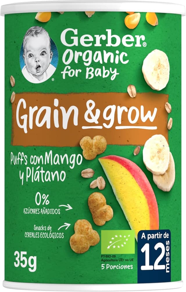 Detalle 2 de Gerber Organic Snack Mango, Maíz y Avena, 5 latas de 35 g 🌱