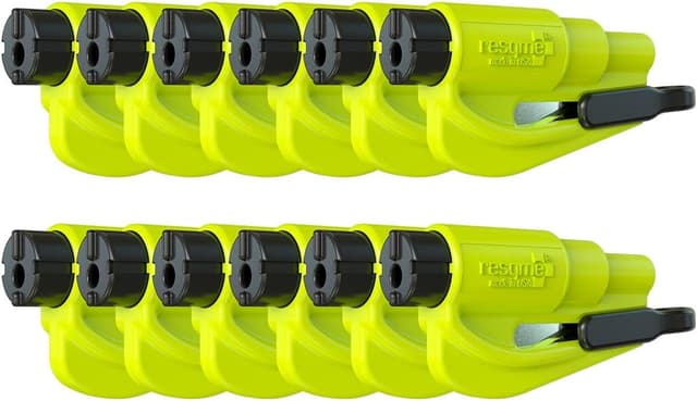 Detalle de Lot de 12 porte-clés sécurité voiture resqme : brise-vitre et coupe-ceinture (marteau d’urgence) jaune néon
