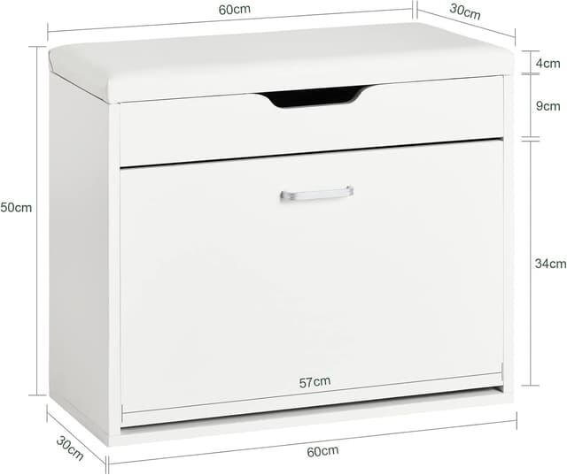 Detalle de SoBuy FSR95-W Meuble à chaussures banc rembourré à abattant rabattable blanc 60x30x50 cm