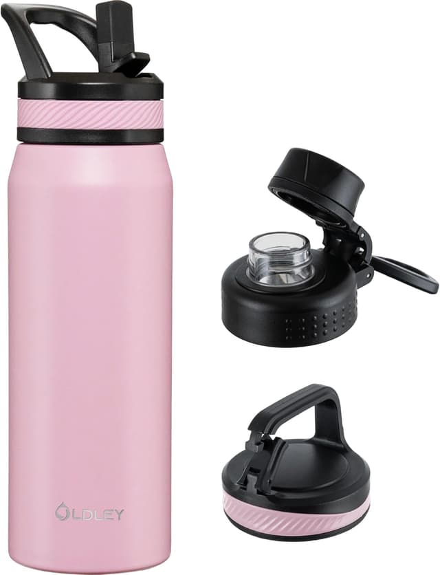 Detalle de Oldley 750ml Insulated Water Bottle with Straw (Pink) – stainless steel flask with leakproof design and 3 lids