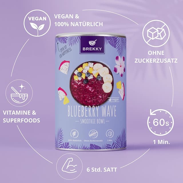 Detalle de BREKKY Blueberry Wave Smoothie Bowl – vegan, 100% natürlich, ohne Zuckerzusatz – praktisches Frühstückspulver