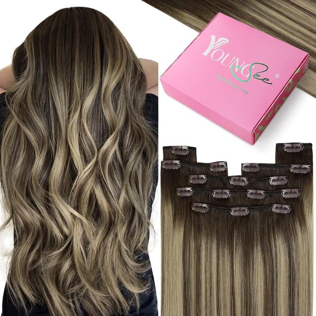 Imagen de YoungSee Clip-in Echthaar Extensions Ombre Braun/Blond (50 cm, 120 g) – 7-teilig mit Clips en OfertitasTOP