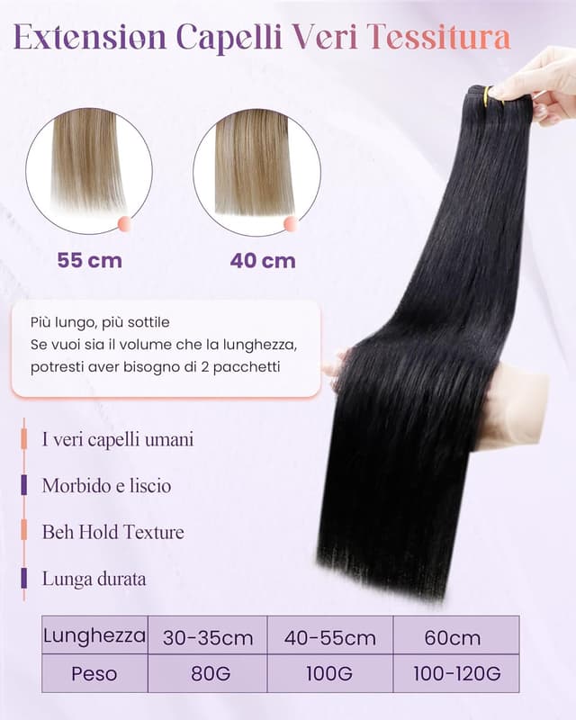 Detalle 2 de LaaVoo Extension Capelli Veri in Tessitura Tessitura Nero Jet 60 cm 120 g (matassa Remy, Weft)