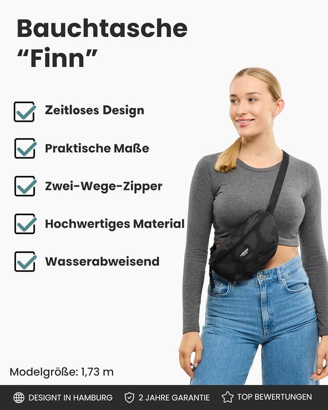 Detalle 2 de LARKSON Finn Bauchtasche für Damen & Herren grau Leo – Hüfttasche, Crossbody & Gürteltasche, wasserabweisend
