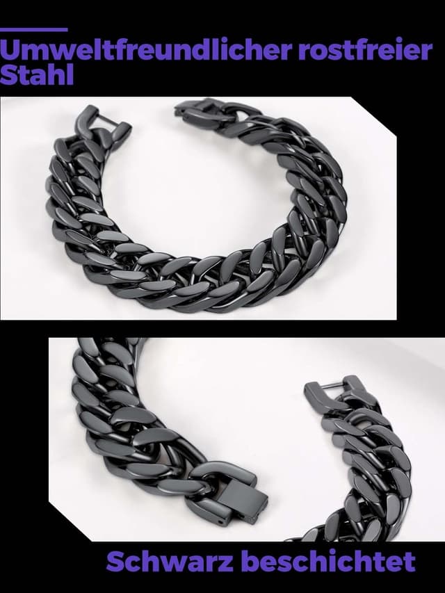 Thumbnail 6 de Richsteel Herren-Cuban-Gliederarmband Armband aus Edelstahl in Silber, Gold & Schwarz – Breite 8/12/17 mm, Länge 19/21/23 cm