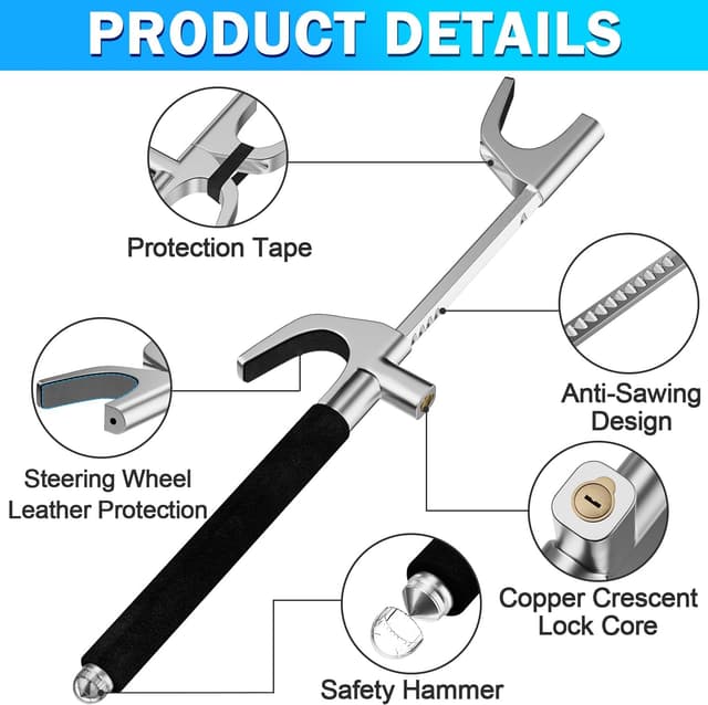 Detalle de MONOJOY Universal Steering Wheel Lock (Adjustable 6.6–12.8 in) with Safety Hammer, Heavy-Duty Anti-Theft for Car, Truck, SUV, Van