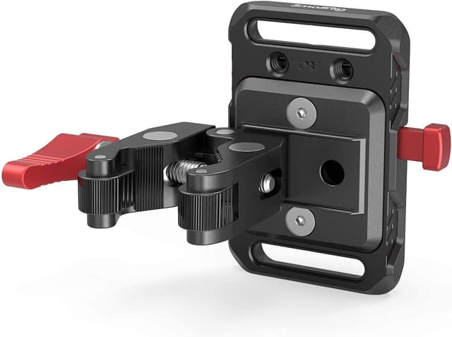 Detalle de SmallRig Mini V Mount Battery Plate (2989) with crab-shaped clamp for camera power