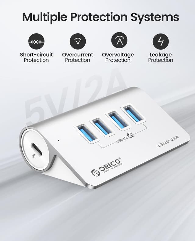 Detalle 2 de ORICO Hub USB C 4 porte con velocità fino a 10Gbps e alimentazione USB-C 5V/2A (cavo 0,5 m)