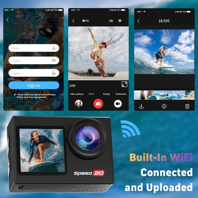 Detalle de Hiicam Speed 20 Action Cam 4K60FPS 40MP – wasserdicht bis 40 m, EIS, WiFi & Dual-Screen