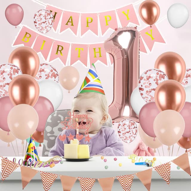Detalle de 1. Geburtstag Deko-Set Roségold (Zahl 1 Luftballon) von VUCDXOP – Party-Deko für Mädchen zum 1. Jahr