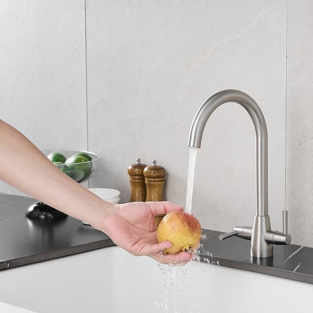 Detalle de Heable dual lever kitchen mixer tap with swivel spout, brushed nickel finish