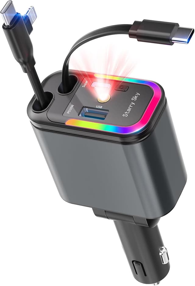 Detalle de Jukibole Zigarettenanzünder-Ladegerät mit Sternenhimmel, 120W Auto-USB-C Schnellladung & einziehbares Kabel