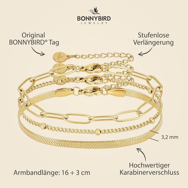 Detalle de BONNYBIRD® BonnyShine Premium Edelstahl Armband-Set Damen (Silber, Gold & Roségold) – 100% wasserfest