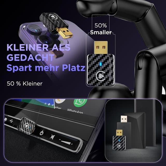 Detalle de MSXTTLY U2AC-01 Wireless CarPlay & Android Auto Adapter (U2AC-01) – kabellos per USB, schwarz
