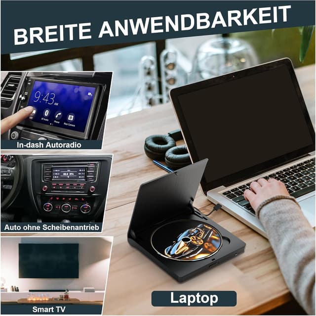 Detalle de Homlab Externes CD-Laufwerk fürs Auto mit USB-Anschluss (inkl. 1 m USB-Verlängerungskabel) – für PKW/LKW