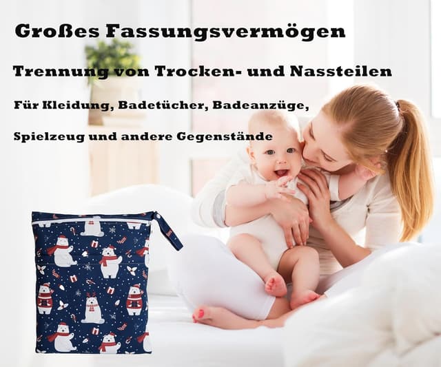 Detalle de TRASUN Wetbag Kindergarten Nasstasche/Nasstaschen-Set „Schneebär“ (2er-Set) für Windeln und Schwimmsachen