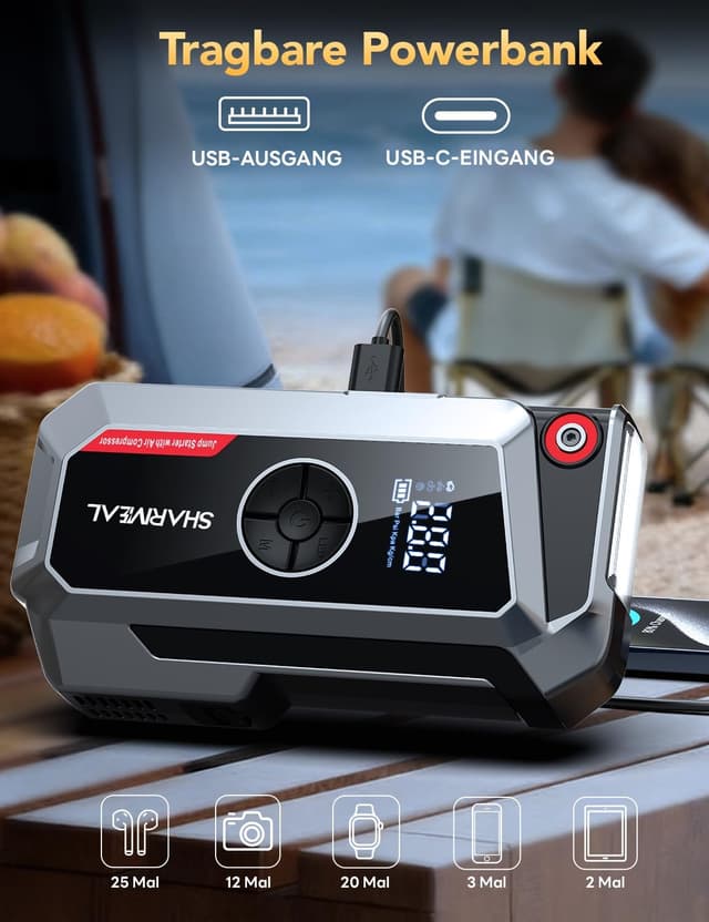 Detalle de Sharmeal 8000A Booster batterie avec compresseur 250 PSI, démarreur 12V et lampe de secours