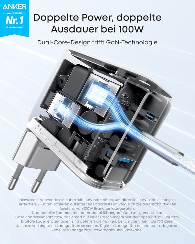Detalle 2 de Anker 100W USB-C Ladegerät (3 Ports, GaN, Smart Display) – kompaktes GaN-Wandladegerät für MacBook, iPad & iPhone