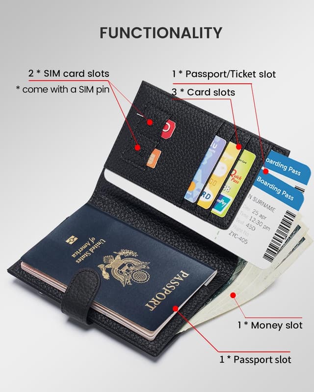 Detalle de Portefeuille porte-passeport mince en cuir RFID avec porte-cartes et poche zippée – Noir