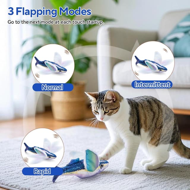 Detalle de AUSCAT Flappy Fish Cat Toy (Simulated Chirping, USB Rechargeable) – interactive flapping fish for indoor kittens