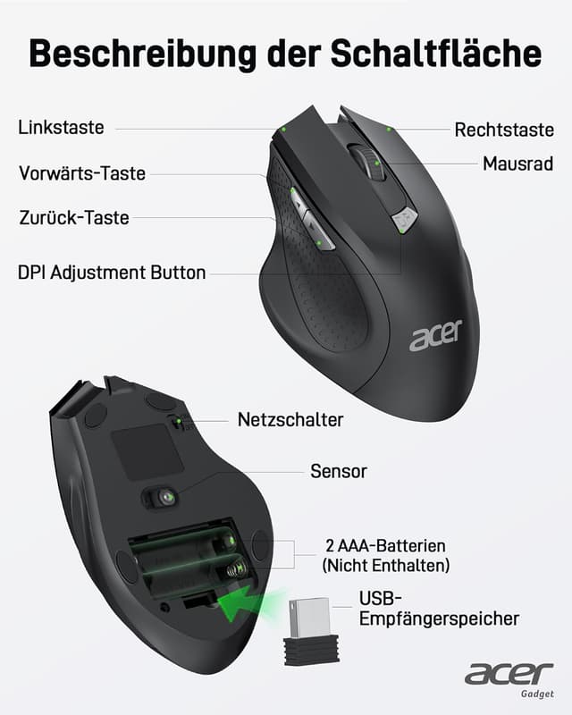 Thumbnail 6 de Acer kabellose Ergonomie-Funkmaus PC Maus mit 3 DPI-Stufen (800/1200/1600) und 2,4 GHz-USB-Empfänger