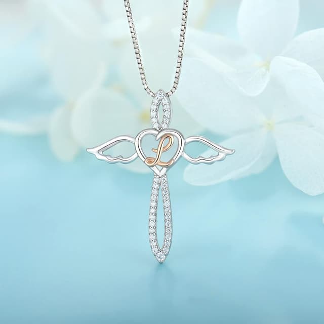 Detalle de FJ Letter Initial Necklace in 925 Sterling Silver with Guardian Angel Charm (Personalised Pendant)