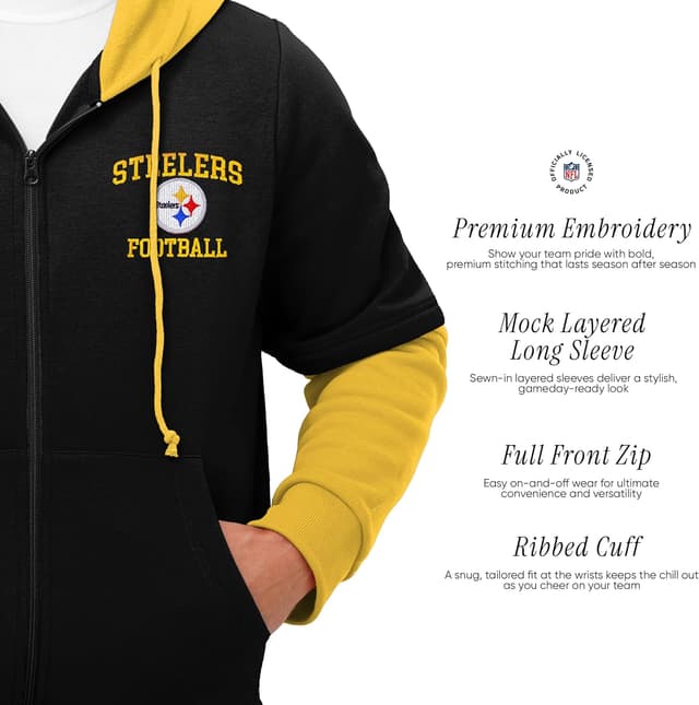 Detalle de FOCO NFL Men’s Team Logo Wordmark Long Sleeve Hooded Button-Up Shirt