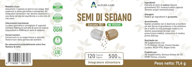 Thumbnail 6 de Alzuro Labs Extrait de graines de céleri 500 mg (10:1) – 120 gélules végétaliennes