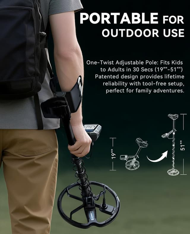 Detalle de SUNPOW Rechargeable Metal Detector for Adults with 10'' Deep Dual-D Coil, 35H Lithium Battery and 7-Metal ID