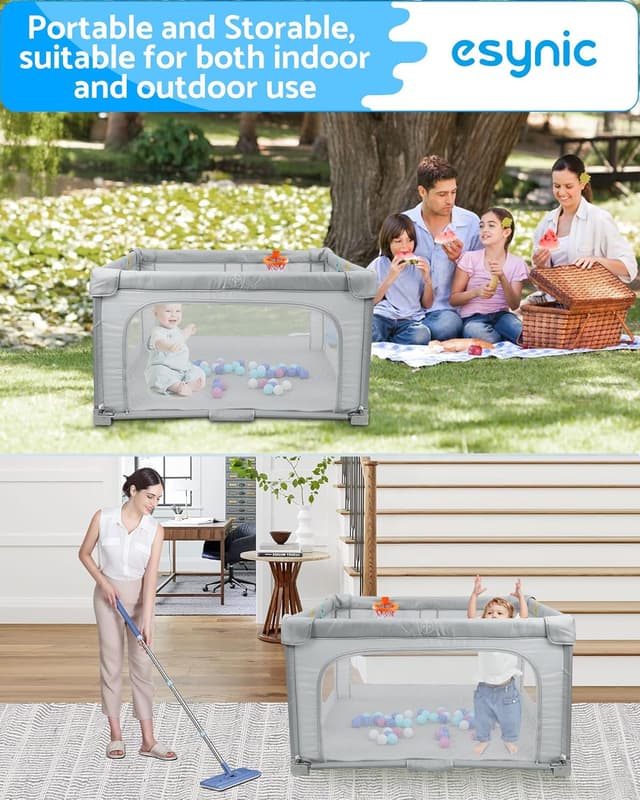 Detalle 2 de eSynic Large Foldable Baby Playpen (127 x 127cm) with Soft Mat, 50 Balls & Hoop