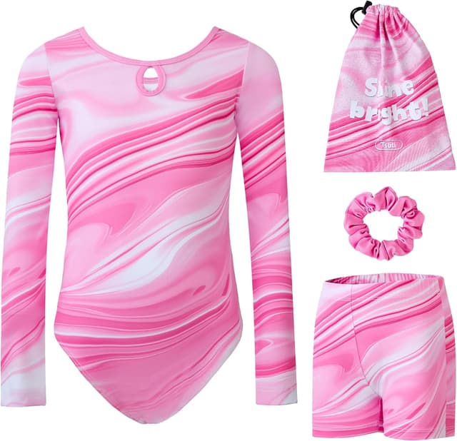 Detalle de Tstiti Gymnastics Girls Long Sleeve Leotards with Shorts & Drawstring Storage Bag (Ages 3–12)