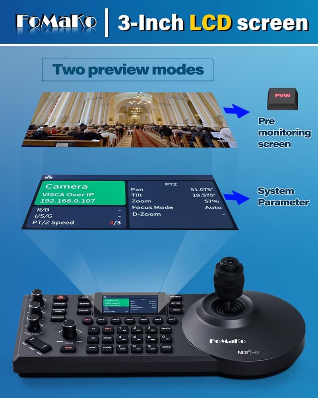 Detalle 2 de FoMaKo KC608 Pro NDI PTZ Camera Controller (Black) with PoE, 4D Joystick and LCD Preview