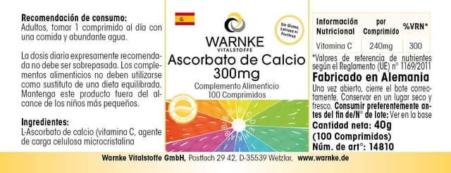 Thumbnail 4 de Warnke Vitalstoffe Ascorbato de Calcio 300 mg Vegana 100 comprimidos 🍊
