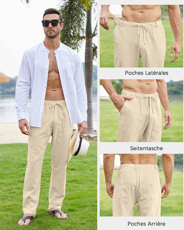 Detalle 2 de Pantalon en lin homme NANAMEEI : ampleur estivale, poches et taille élastique à cordon