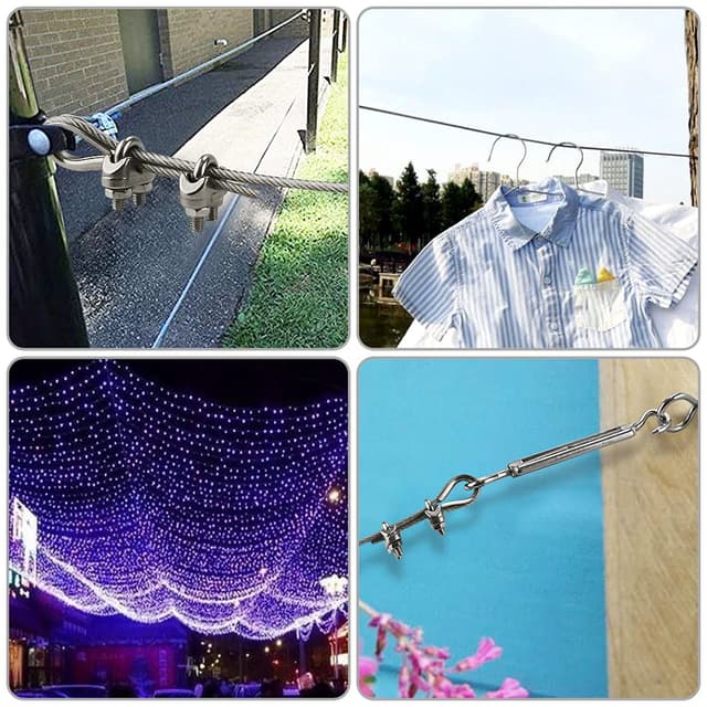 Detalle de Edelstahl-Drahtseil-Kletterhilfe-Set 20 m mit Spannschloss M5, Haken/Öse und Drahtseilzubehör