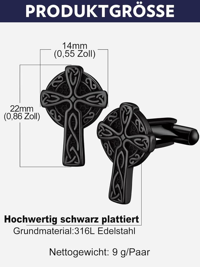 Detalle de Bandmax Manschettenknöpfe Herren aus Edelstahl im Wikinger-Design (Kreuz), silbern/schwarz