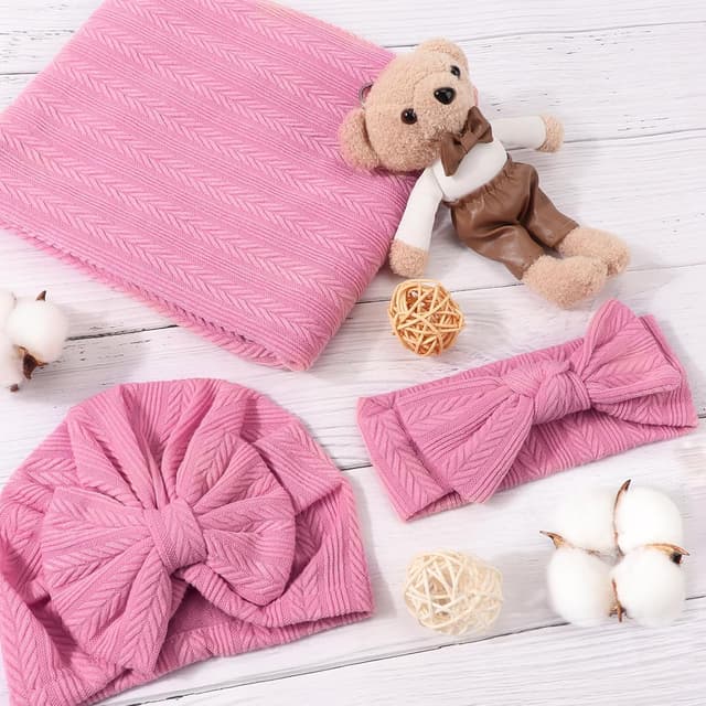 Detalle de DRESHOW newborn receiving blanket set with bow hat and bow headband for girls