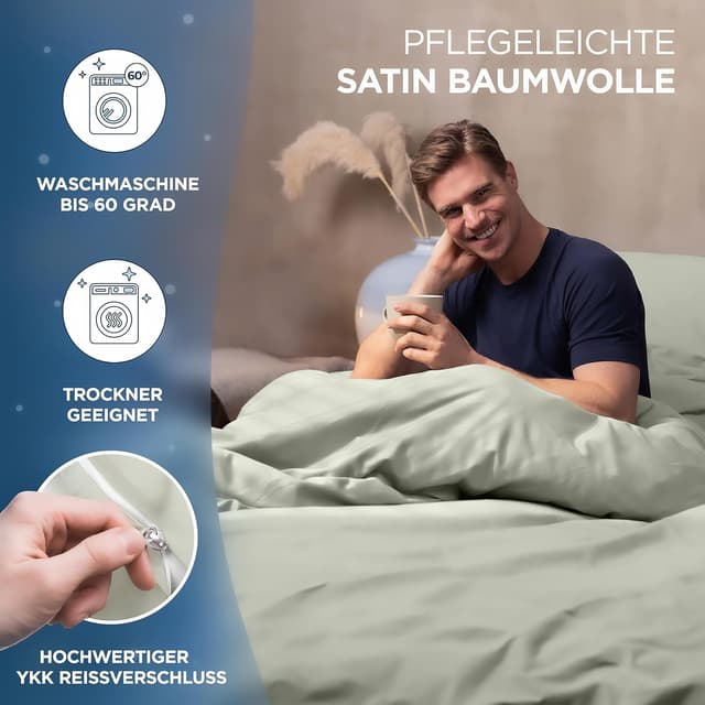 Detalle de Samthus Kopfkissenbezug 70x90 aus Baumwolle-Satin, Oeko-Tex Made in Green – Grün