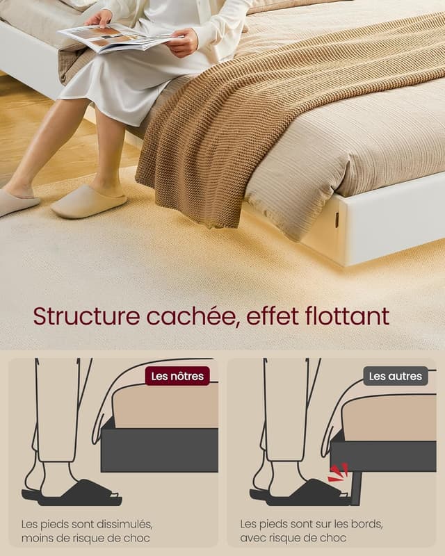 Thumbnail 4 de VASAGLE Lit double 140 x 190 cm cadre flottant avec LED